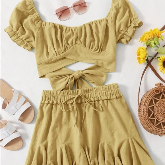 Ruched Bust Cross Wrap Tie Back Crop Top & Godet Hem Skirt Set